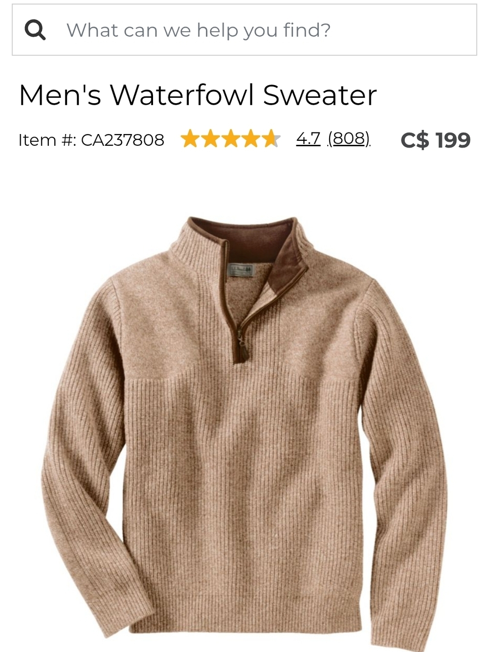L.L. Bean Men's Waterfowl Zip-Up Sweater - Light Brown
